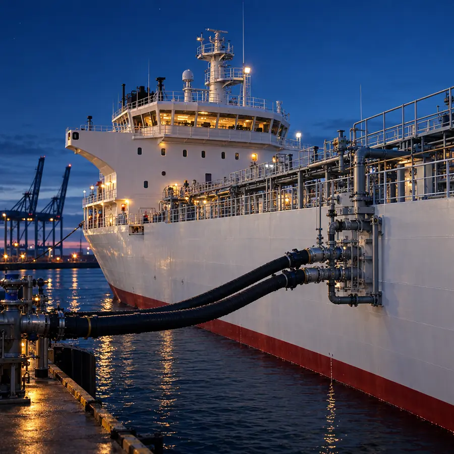 Product tanker berthed at a terminal with loading hoses connected